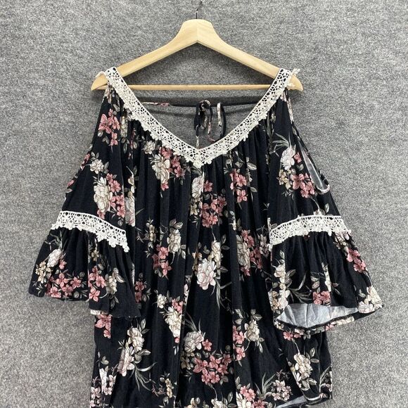 Always Indigo Blouse Women 3X Plus Black Floral V-Neck 3/4 Sleeve Tasseled Rayon - Picture 4 of 10